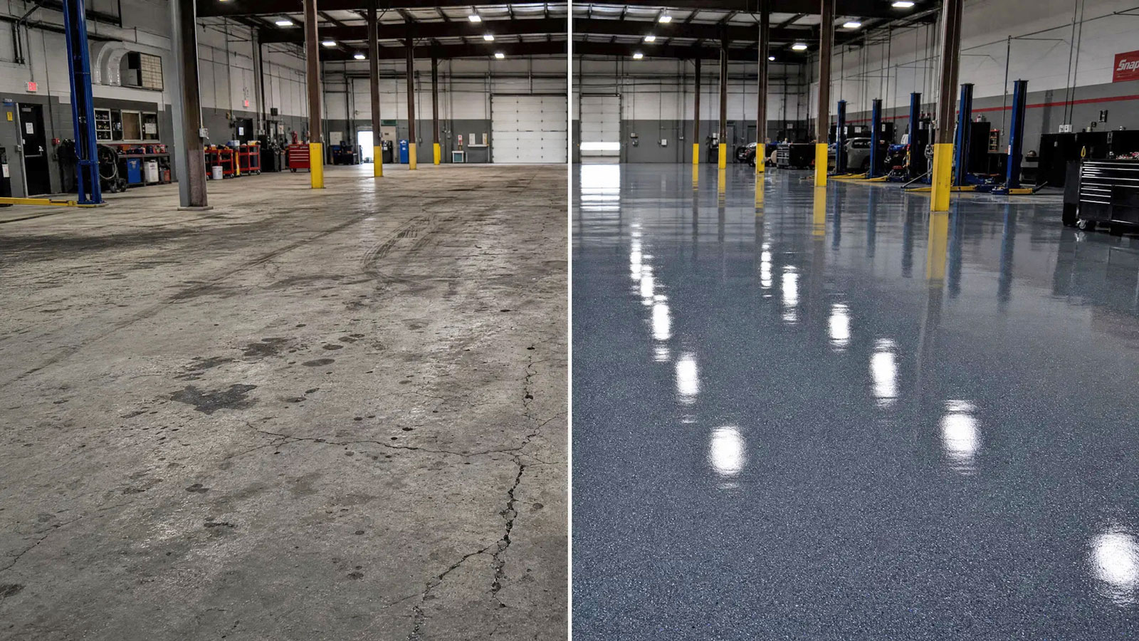 Commercial floor coating before and after — auto shop in Summerlin NV